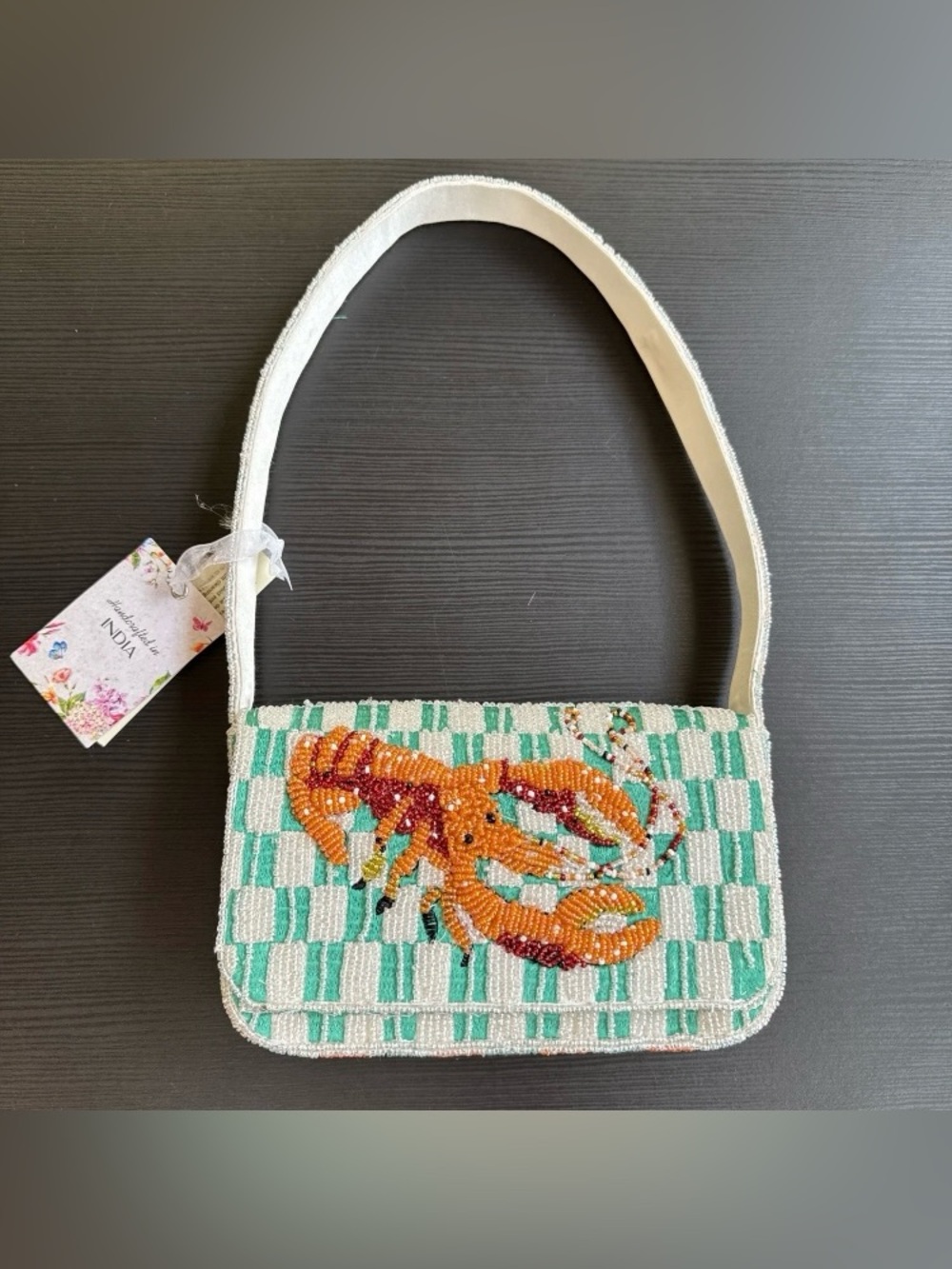 Handcrafted Lobster Crawfish Beaded shoulder Bag Checked stripped Sparkly NWT